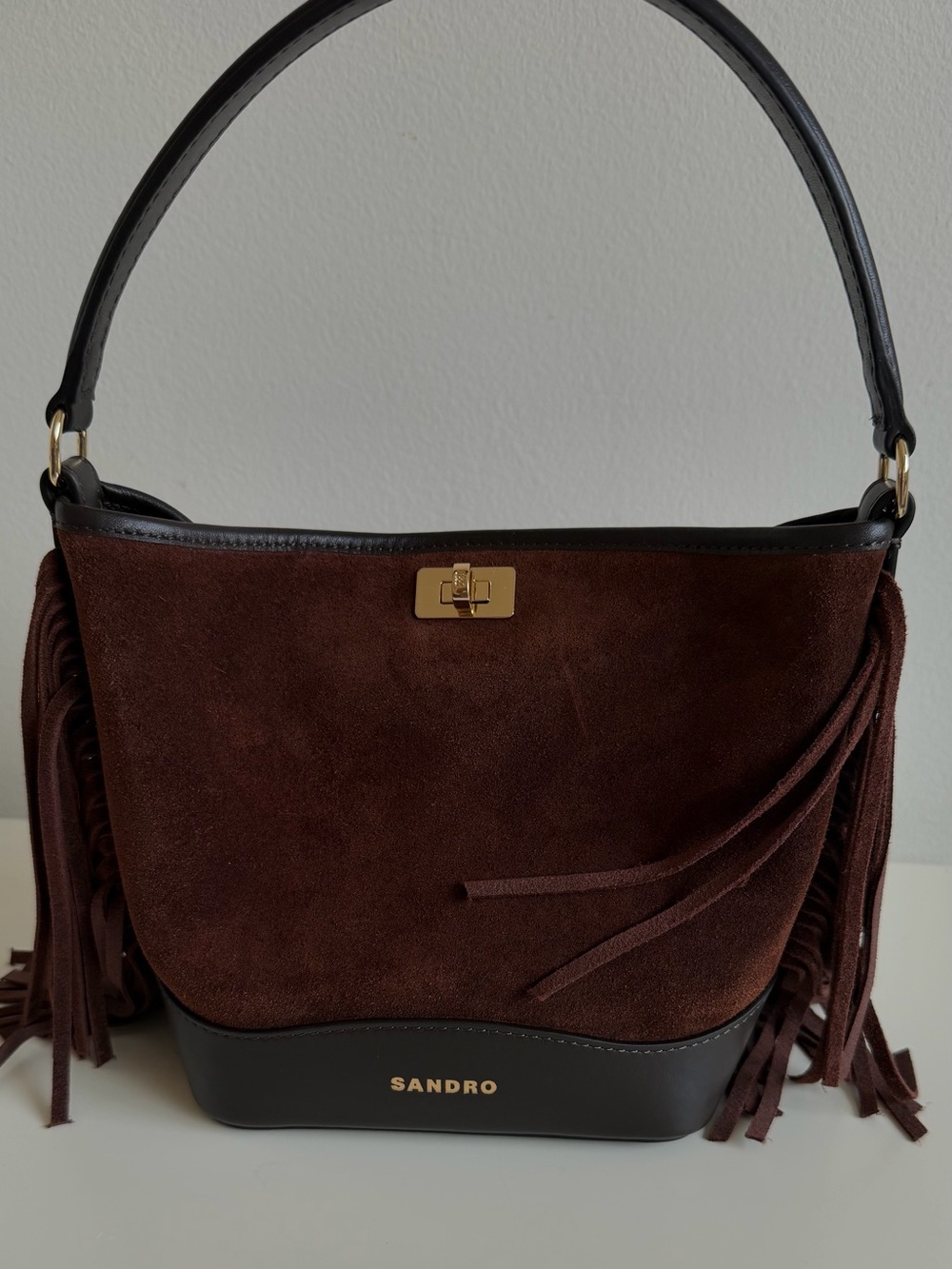 Sandro mini Tangoso Dark Brown Suede Fringe Shoulder Bag - Picture 6 of 10
